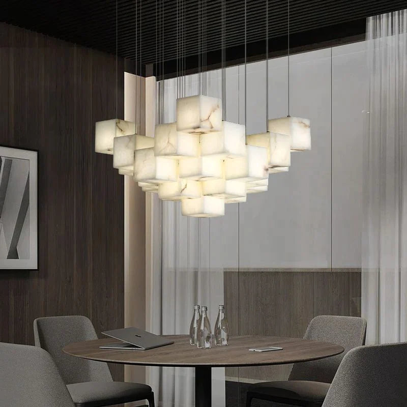 Alabaster Cubic Round Pendant For Dining Table, Staircase