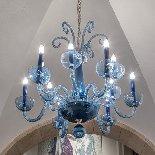 3/12/16-Light Glass Candle Chandelier in Blue Finish Color