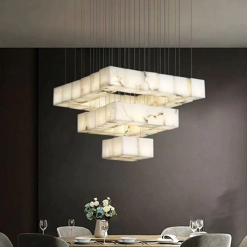 Alabaster Cubic Round Pendant For Dining Table, Staircase
