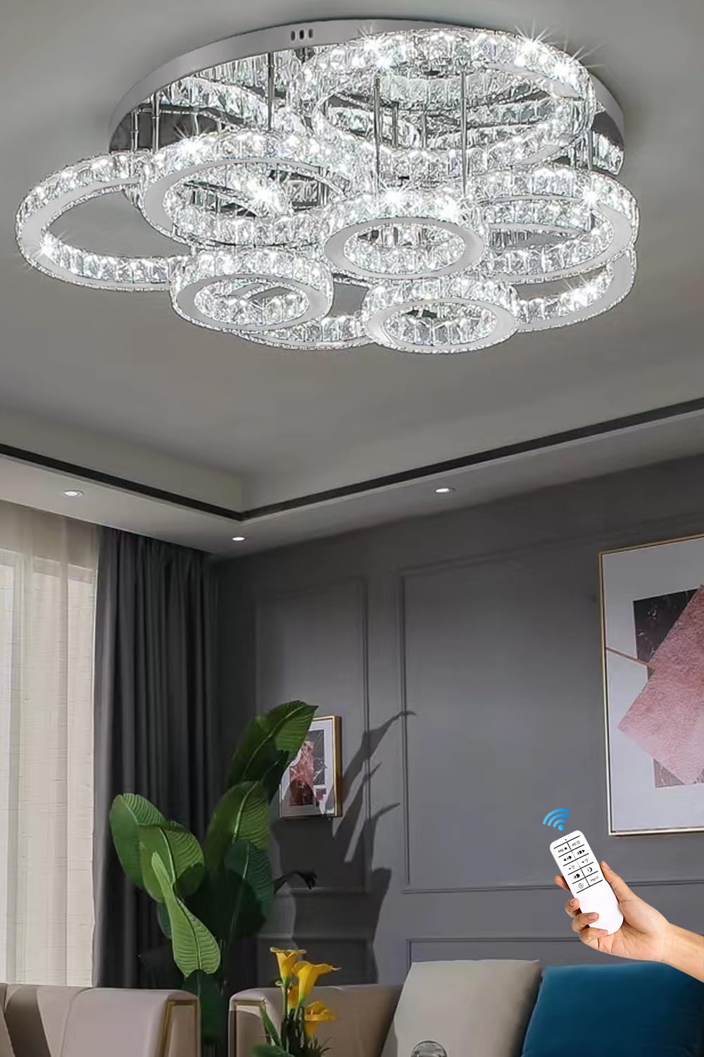 32" Round Crystal Chandelier,Dimmable LED Ceiling Light Fixture for Kitchen Island Dining Room Bedroom Living Room Chrome
