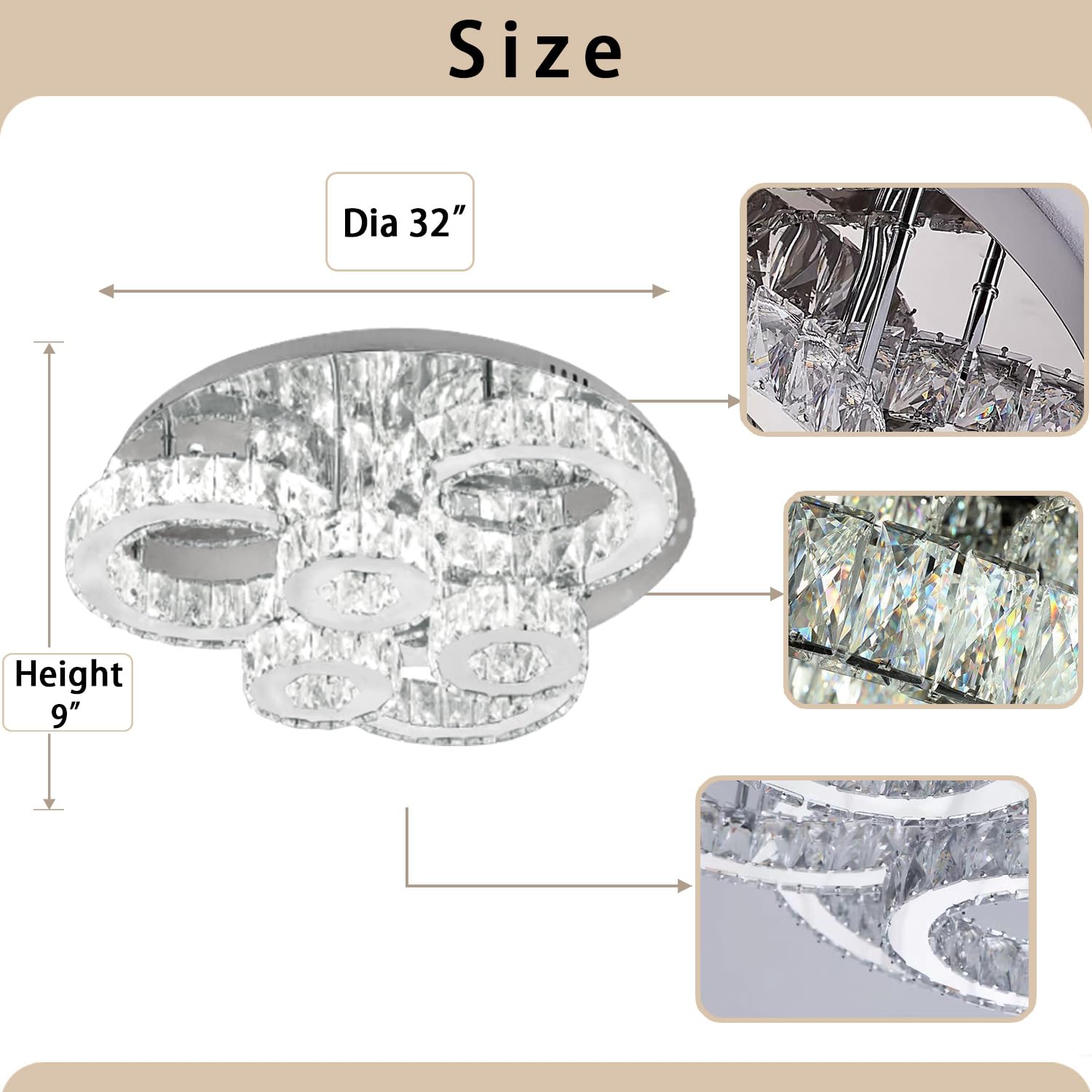 32" Round Crystal Chandelier,Dimmable LED Ceiling Light Fixture for Kitchen Island Dining Room Bedroom Living Room Chrome