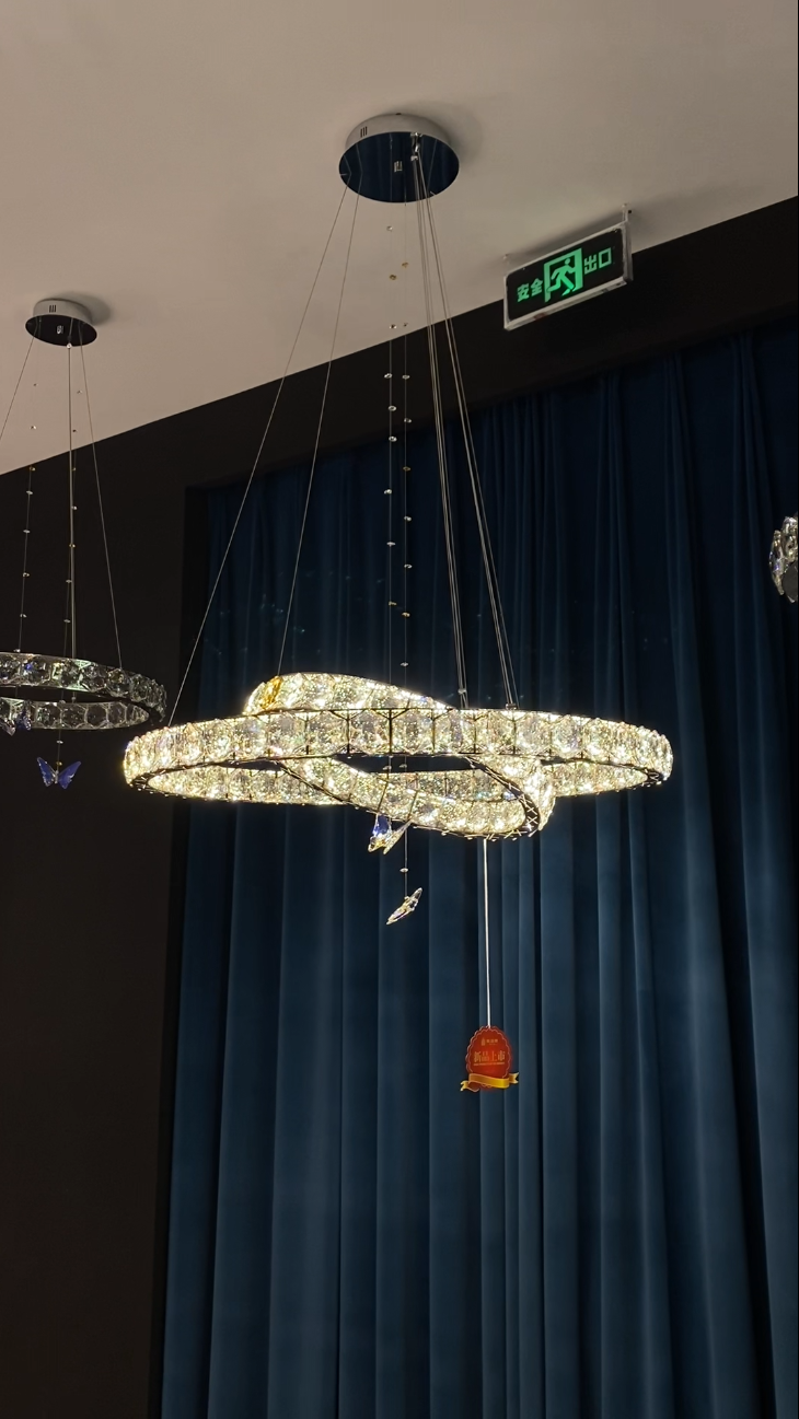 2023 New Light Luxury Crystal Rings Chandelier with Butterfly for Living/Dining Room/ Bedroom, high quality,shining, adjustable, chrome, tiered, crossed