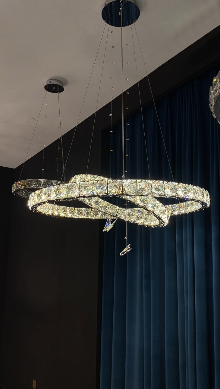2023 New Light Luxury Crystal Rings Chandelier with Butterfly for Living/Dining Room/ Bedroom, high quality,shining, adjustable, chrome, tiered, crossed