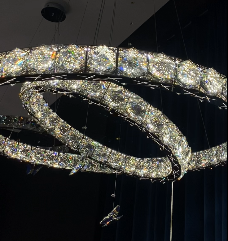 2023 New Light Luxury Crystal Rings Chandelier with Butterfly for Living/Dining Room/ Bedroom, high quality,shining, adjustable, chrome, tiered, crossed